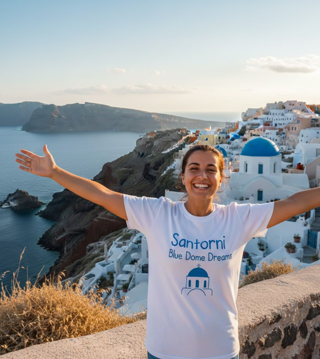 Gift idea for Santorini fans - Santorini Blue Dome Dreams t shirt