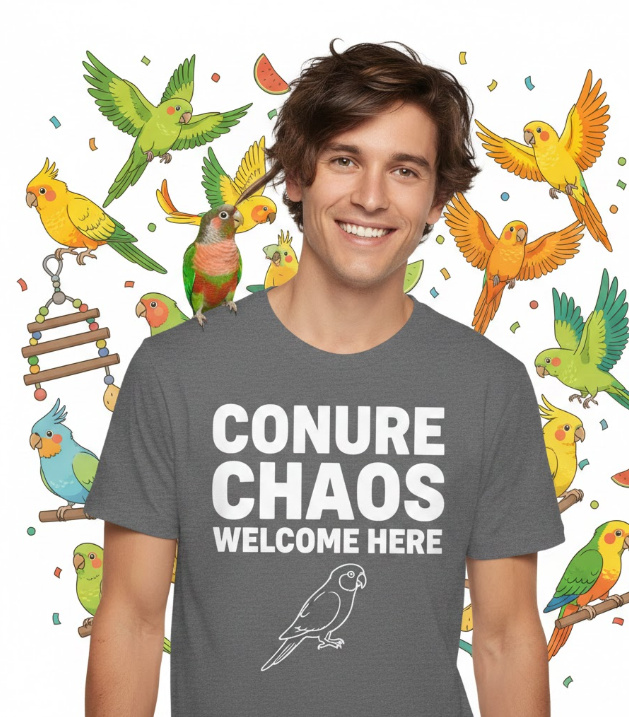 Gift idea for conure enthusiasts - Conure Chaos Welcome Here t shirt
