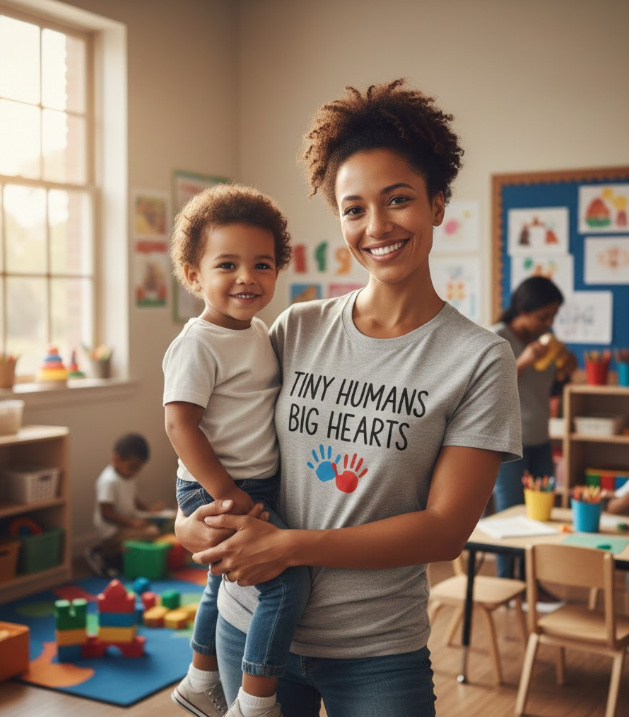 Gift idea for daycare teacher - Tiny Humans Big Hearts t shirt