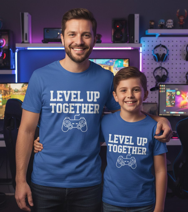 Gift idea for father and son gamers - Level Up Together t shirt