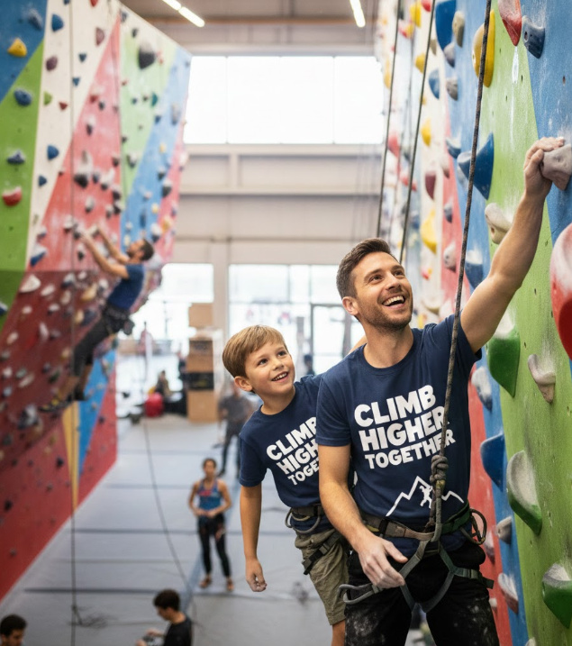 Gift idea for father and son rock climbing - Climb Higher Together t shirt