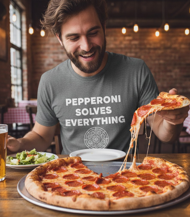 Gift idea for pepperoni pizza fans - Pepperoni Solves Everything t shirt