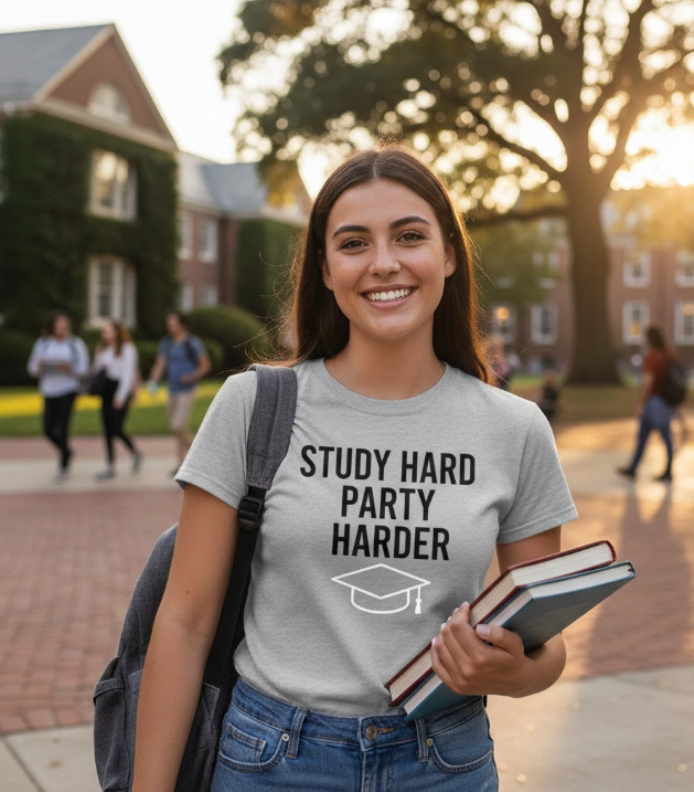 Gift idea for university student - Study Hard Party Harder t shirt