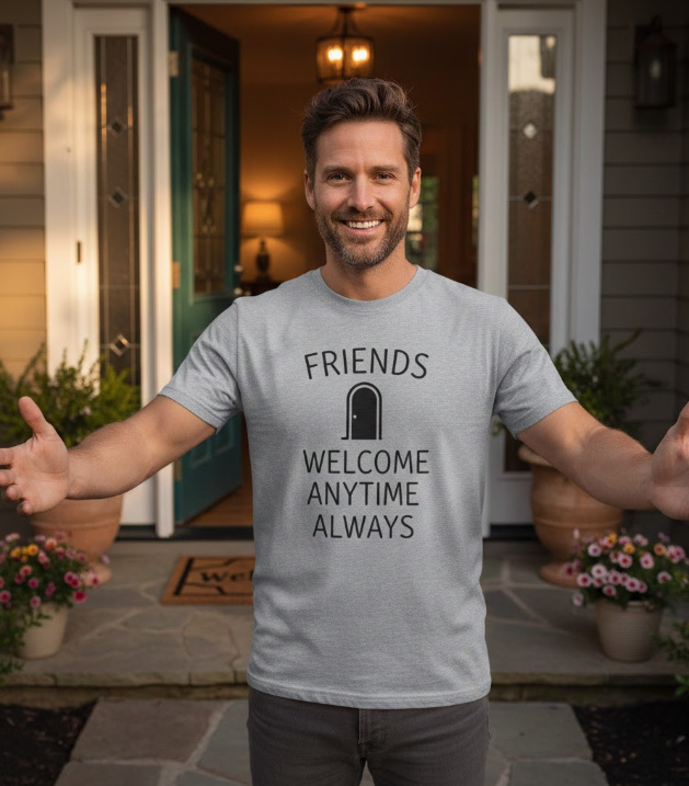 Gift idea for visiting friends - Friends Welcome Anytime Always t shirt