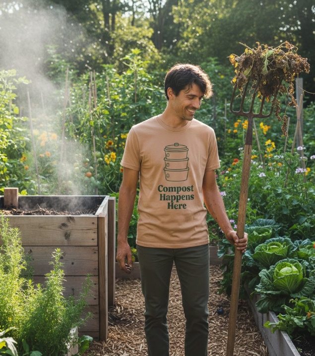 Gift idea for composting advocates - Compost Happens Here t shirt