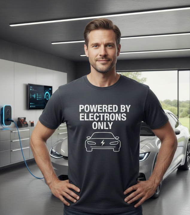 Gift idea for electric car drivers - Powered By Electrons Only t shirt