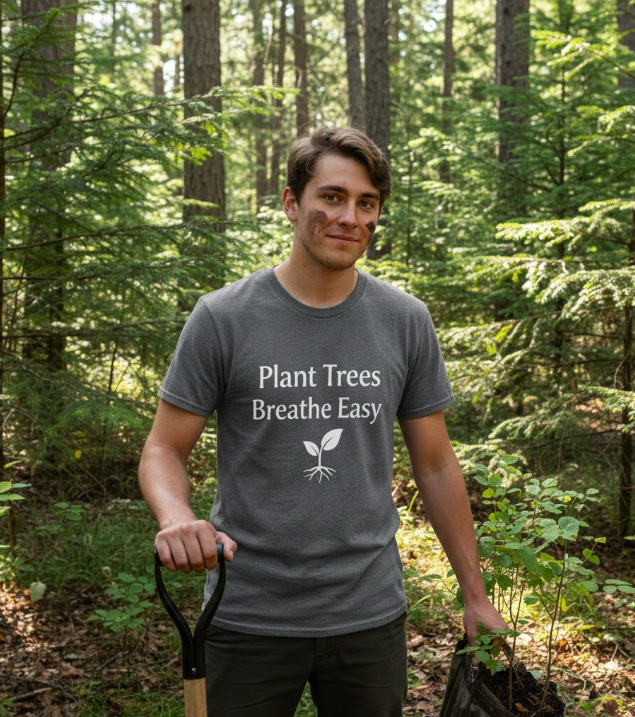 Gift idea for reforestation supporters - Plant Trees Breathe Easy t shirt