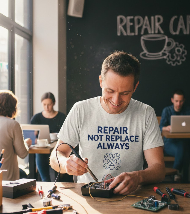 Gift idea for repair café advocates - Repair Not Replace Always t shirt