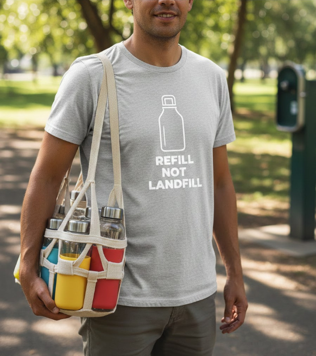Gift idea for reusable water bottle lovers - Refill Not Landfill t shirt